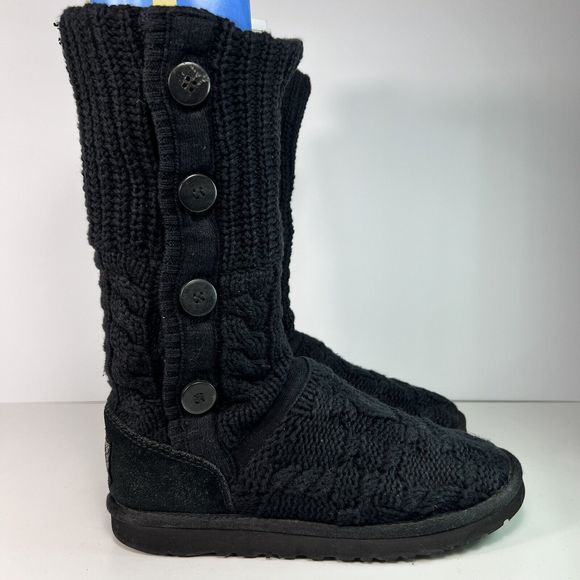 UGG Australia Boots Women's Sz 7 Black Gray Buttons Foldover Cable Knit - Picture 3 of 16